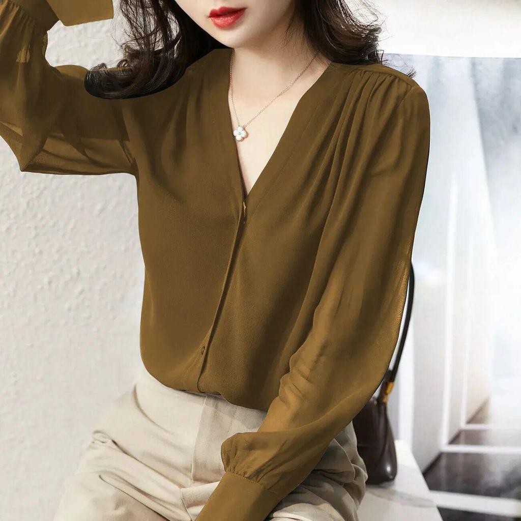 Camicia a maniche lunghe da donna primavera e autunno design francese con scollo a V top temperamento camicia in chiffon ampia