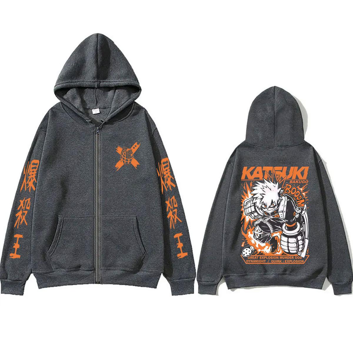 Anime My Hero Academia Bakugou Katsuki Reißverschluss Hoodie Herren Damen Freizeit Übergroße Zip-Up Jacke Mantel Männlich Cartoon Harajuku Hoodies XXXL black