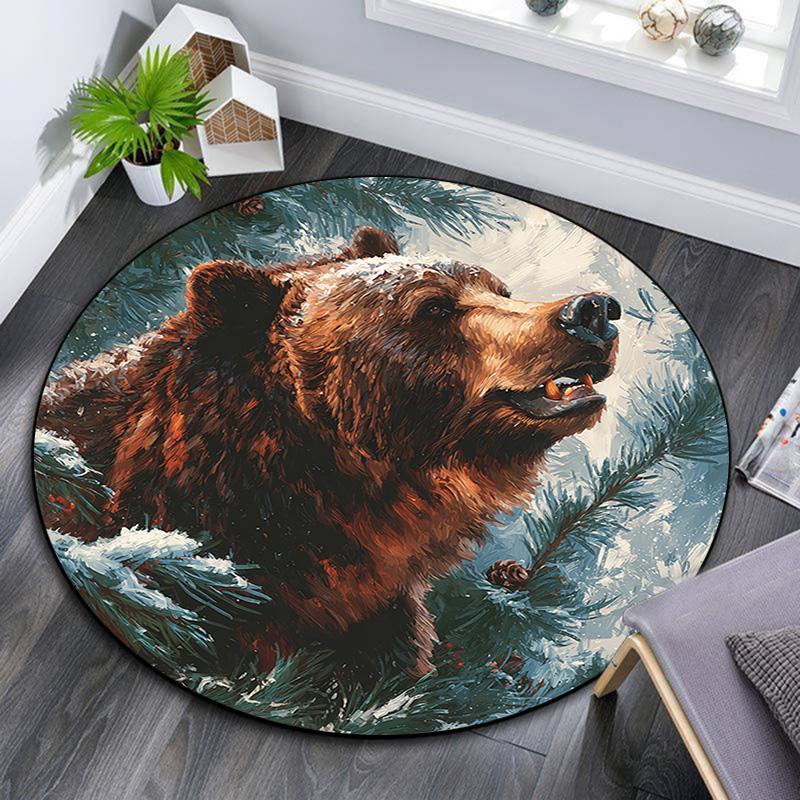 Grizzly Bear Round Area Rug,Carpet Rug for Living Room Bedroom Sofa Playroom Decor,Non-slip Floor Mat