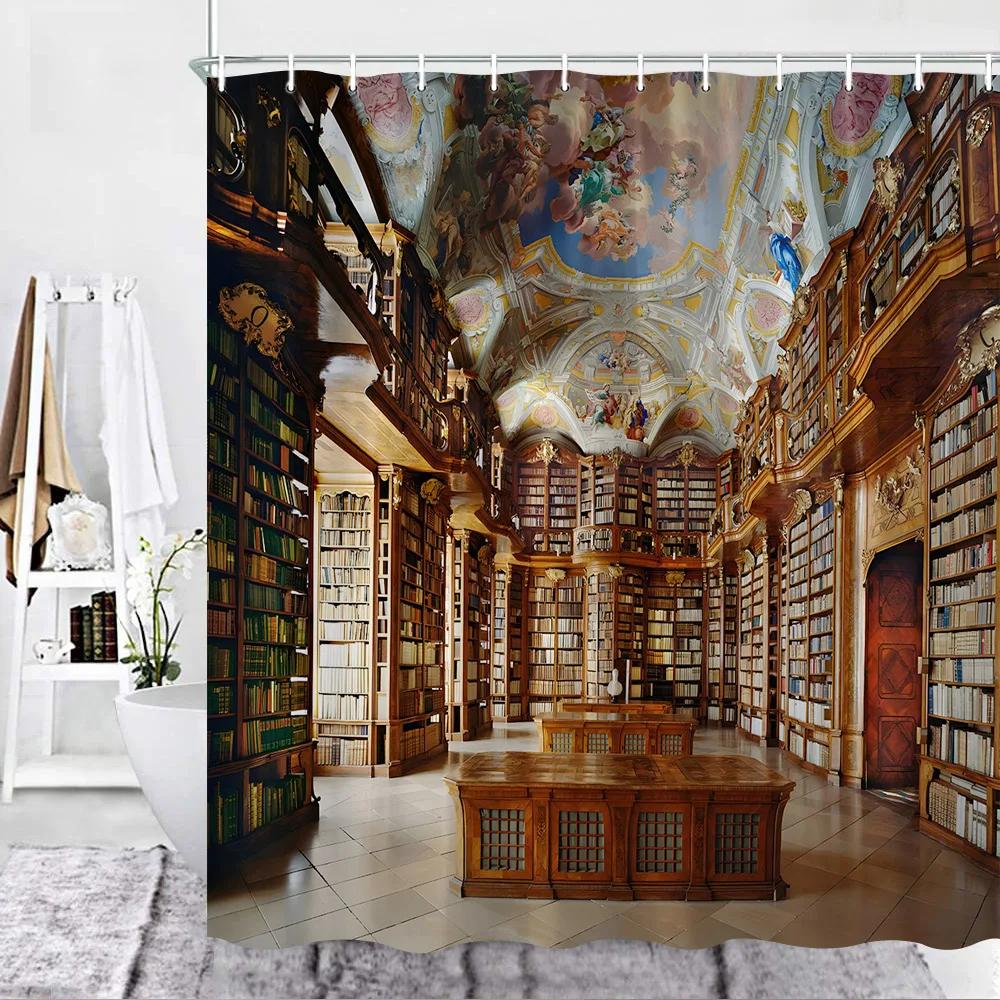 3D Library Shower Curtain, Vintage Bookshelf Books Gothic Magic Polyester Printed Fabric Bathroom Decorative Bathtub Accessories