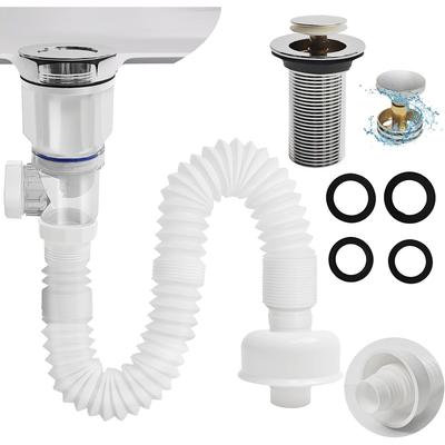 Banyo Lavabo Gider Borusu Seti, Süzgeç Sepetli Saç Tutucu ve Açılır Tıpalı Banyo Lavabo Gideri Esnek Lavabo Gider Borusu P-Tuzağı