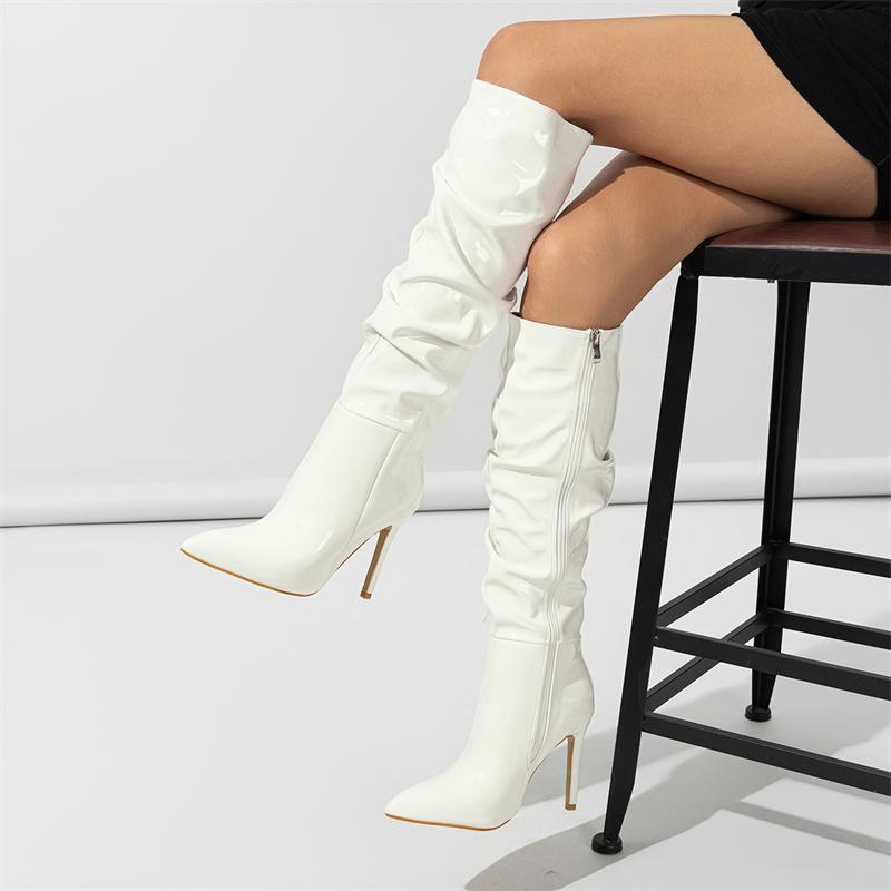Fashion Patent Leather Women Knee High Boots Sexy Pointed Toe Thin Heels Zipper Ladies Long Female Shoes Zapatos Mujer