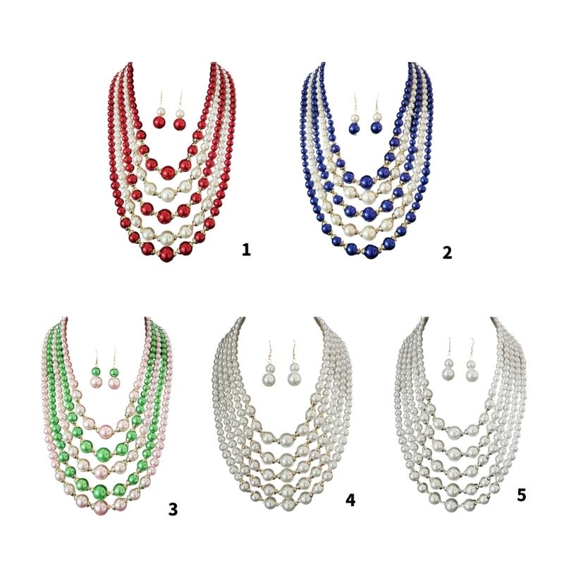Fashionable Layering Artificial Pearls Necklace With Matching Studs Comfortable Daily Wear Accessories