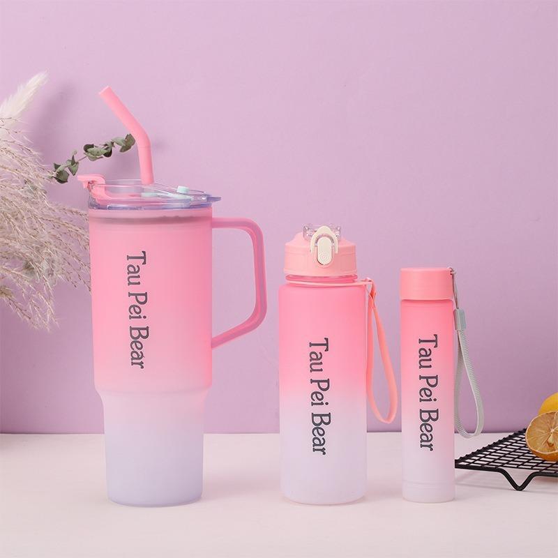 Water bottle explosion gradual change three-piece plastic cup 10oz large capacity straw ice cup outdoor portable handle