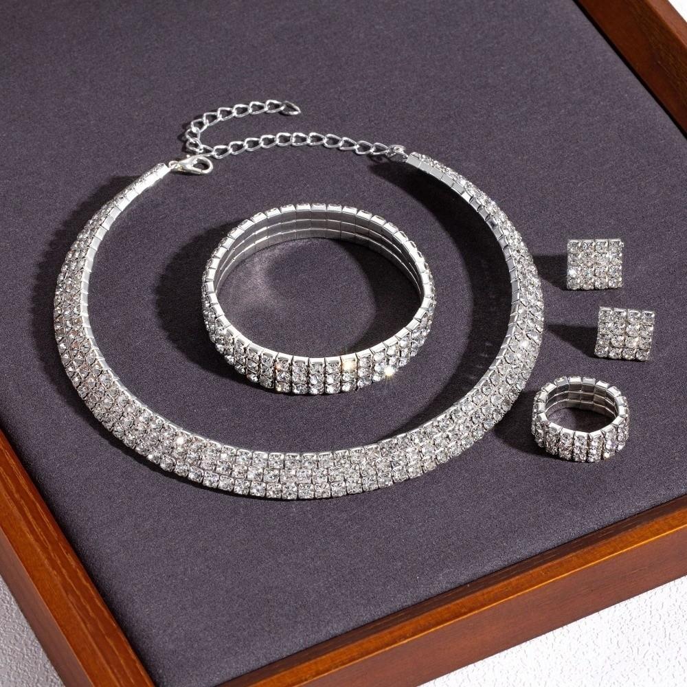 4Pcs Shiny Bridal Jewelry Set Multilayer Rhinestone Choker Bridal Party