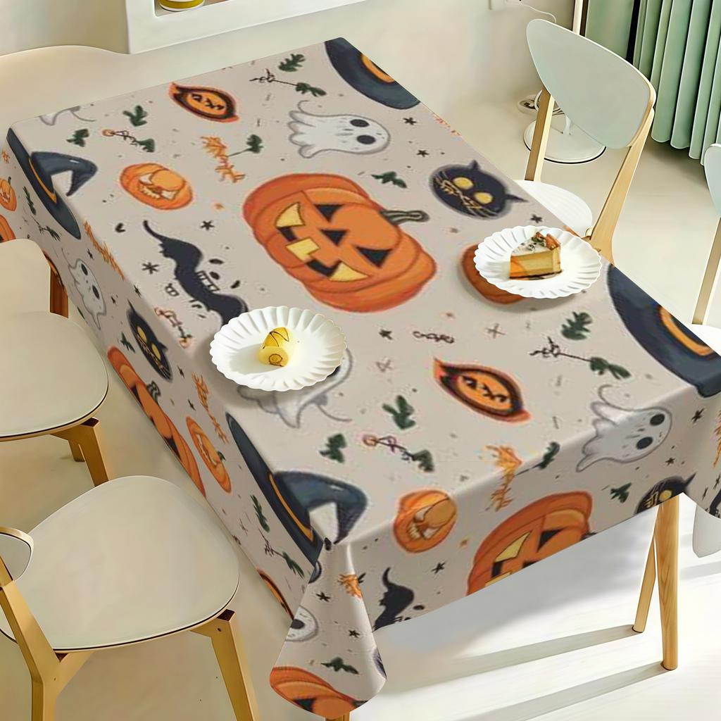 1pc Tablecloth Halloween Theme Tablecloth, Cute Ghost, Pumpkin, Bat Pattern Design Style, Family Gathering Table Decoration, Festive Atmosphere, Suita