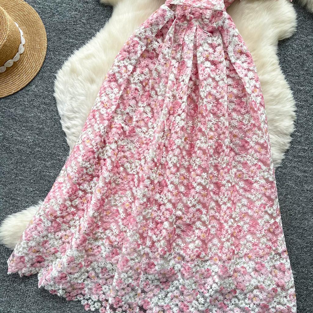 Elegant Beaded Short Sleeve Flower Lace Dress Women's Formal Evening Embroidery Crochet Hollow Out Long Party Dress