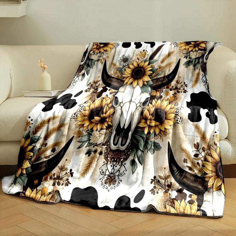Boho Cow Skull Sunflower Blanket Bedroom Blanket for Livingroom Couch Lunch Break Soft Throw for Friend's Festival Gift