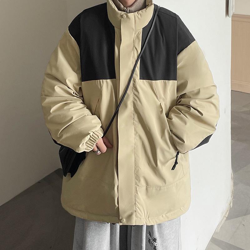 

Men s Color-Block Stand-Up Collar Windbreaker Jacket - Warm, Padded Cotton Coat for Autumn and Winter M хаки