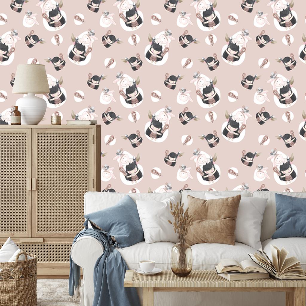 Indian wallpaper with bunnies and feathers for living room and bedroom 50x1000