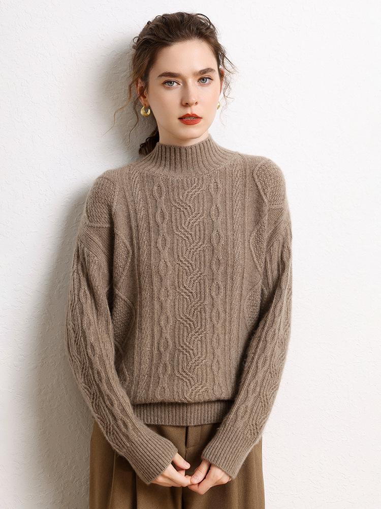 Three-Ply Solid Color Women's Cashmere Knit Base Layer - Full Body Cable Knit, Half-High Neck, Loose, Slimming Inner Wear