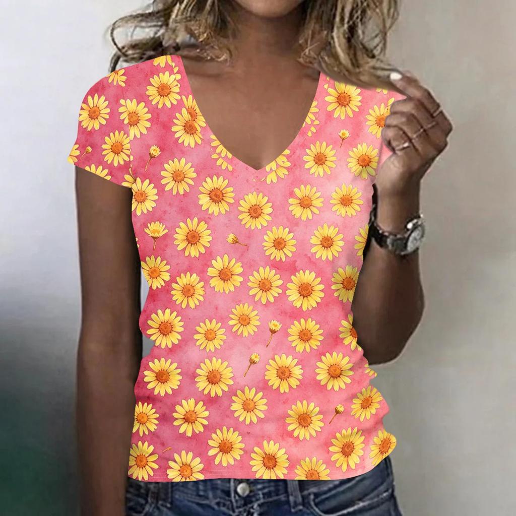 Women Casual V Neck Short Sleeve Floral Print T Shirt Lightweight Soft Fabric Summer Top for Everyday Wear
