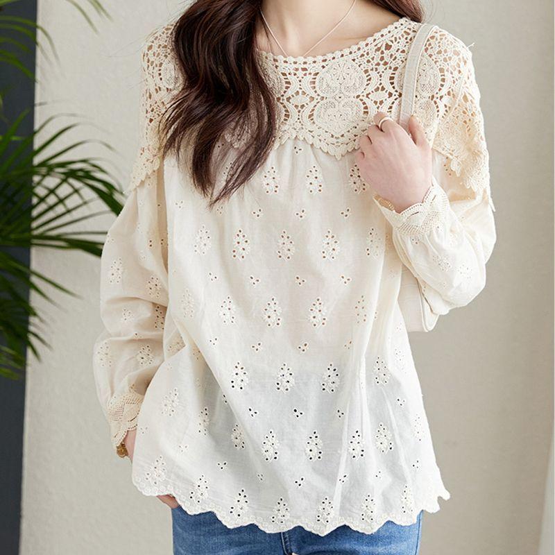 Lace Shirt Women's Long Sleeved Hollowed Out Plus Size Women's Shirt Autumn Design Sense Chic Top
