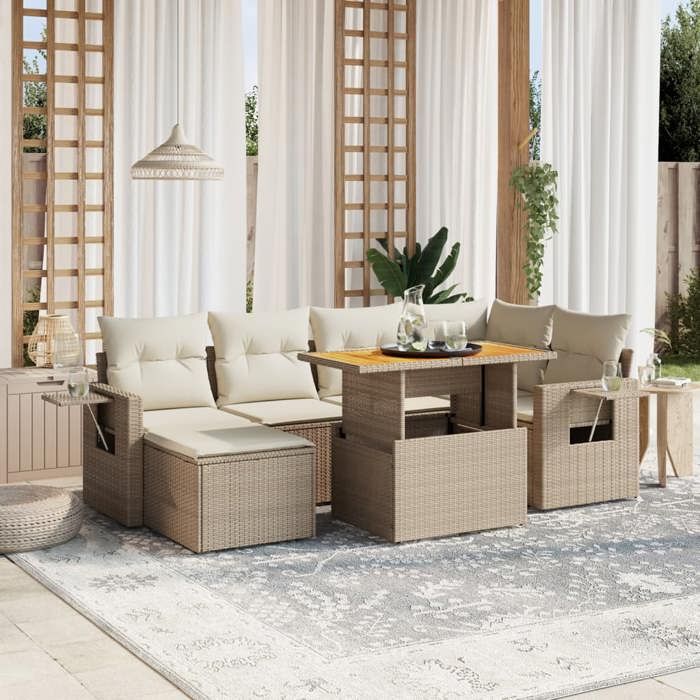 VidaXL Salon de Jardin avec Coussins 7 pcs, Canapés de Terrasse, Ensemble de Meubles de Patio, Mobilier d'Extérieur, Beige 3275704