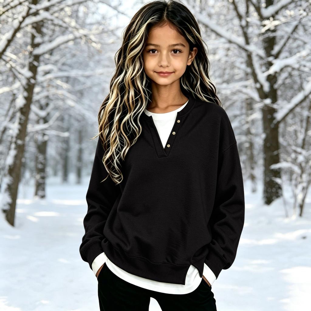 Big Girls V-Neck Pullover Top Casual Loose Fit Two-Piece Printed Blouse for School and Daily Wear