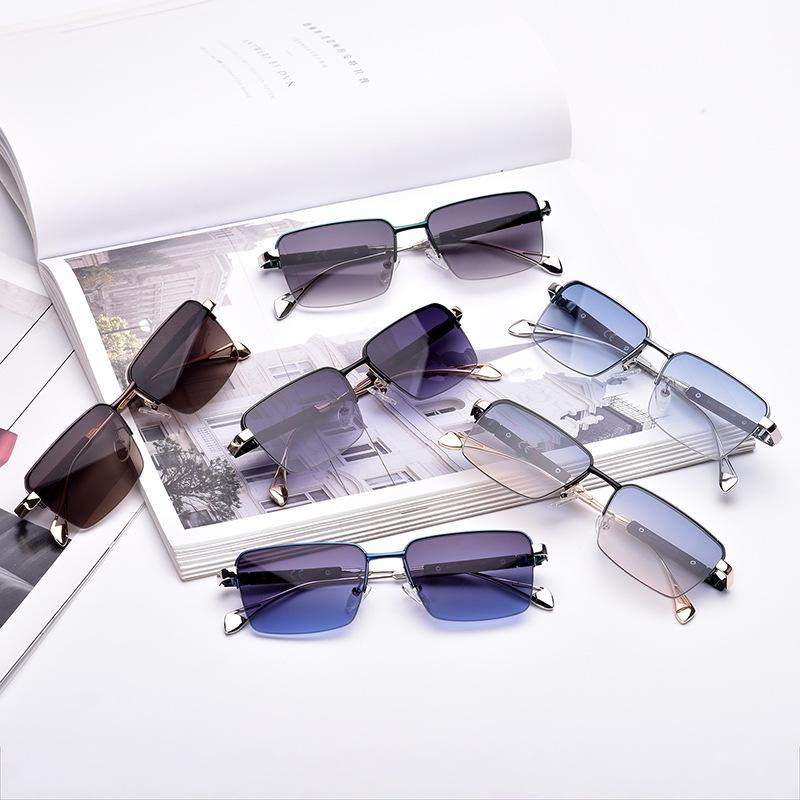 Men'S High-End Light Luxury Half Frame Sunglasses Travel Sunglasses With Metal Frames Wood Grain Brown Driving Glasses