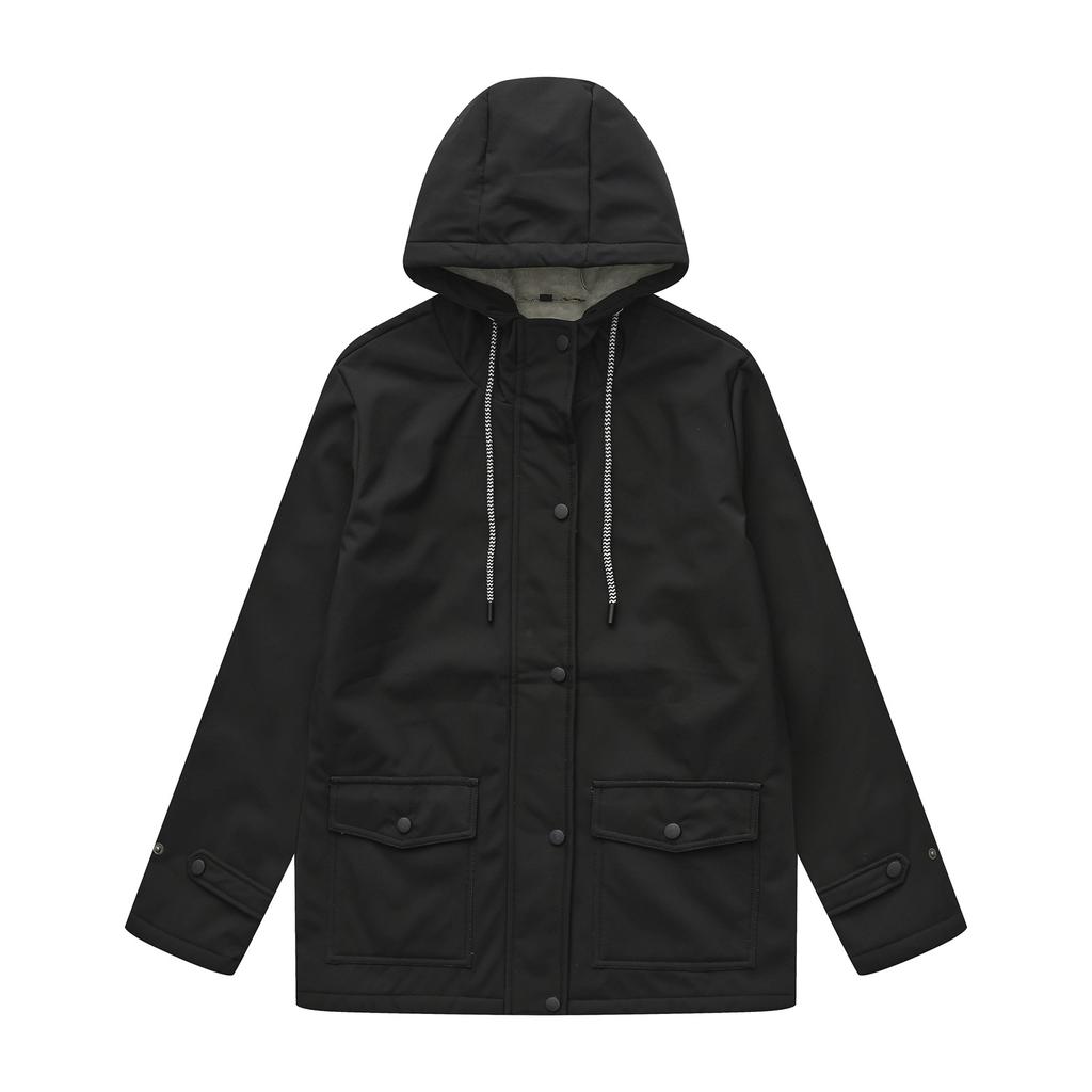 Women's Spring and Autumn Hooded Windbreaker Composite Plush Waterproof Jacket Long Sleeve Plush Jacket