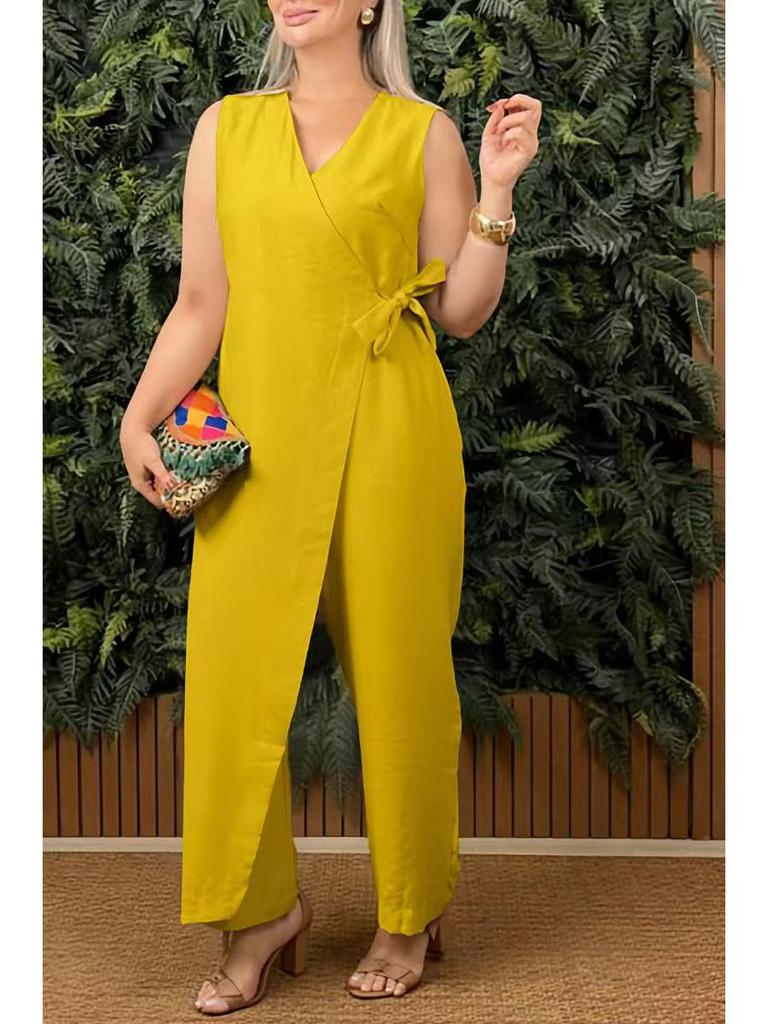 Tuta casual da donna tinta unita con scollo a V e laccio, collezione Primavera/Estate 2025