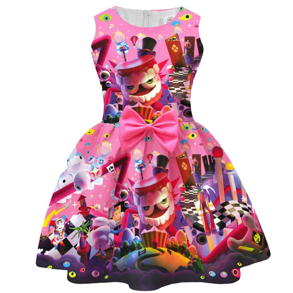 

94262 Kids Girls Anime Cartoon The Amazing Digital Circus Printed Bow Sleeveless Dress 100cm розы красного