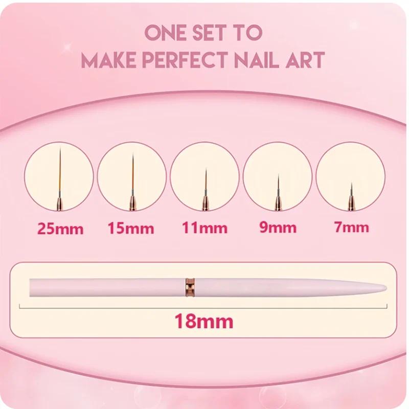 YIKOOLIN 5PCS Professional Nail Art Liner Brushes Set Elongated Lines Drawing UV Gel Painting Nail Design Pen Manicure Tool