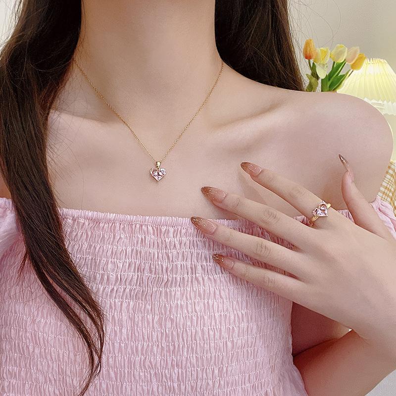 Pink love zircon necklace earrings set, high-end light luxury titanium steel collarbone chain, niche temperament jewelry
