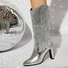 Damen High-Heel Stiefel Herbst und Winter neu Europäische und amerikanische Stiefel mit dickem Absatz und Fransen Übergröße mittelhohe Stiefel