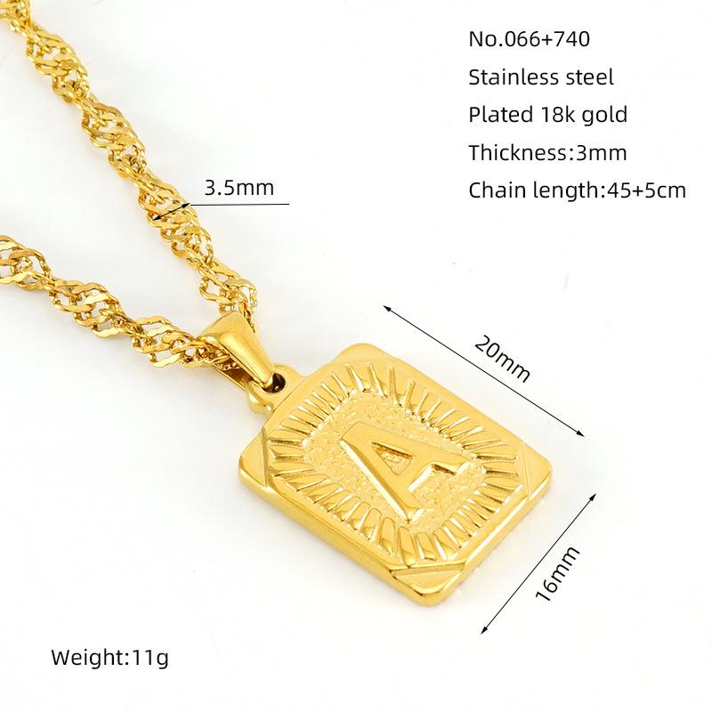 Men's 18K Gold Square Stainless Steel Alphabet Pendant Necklace