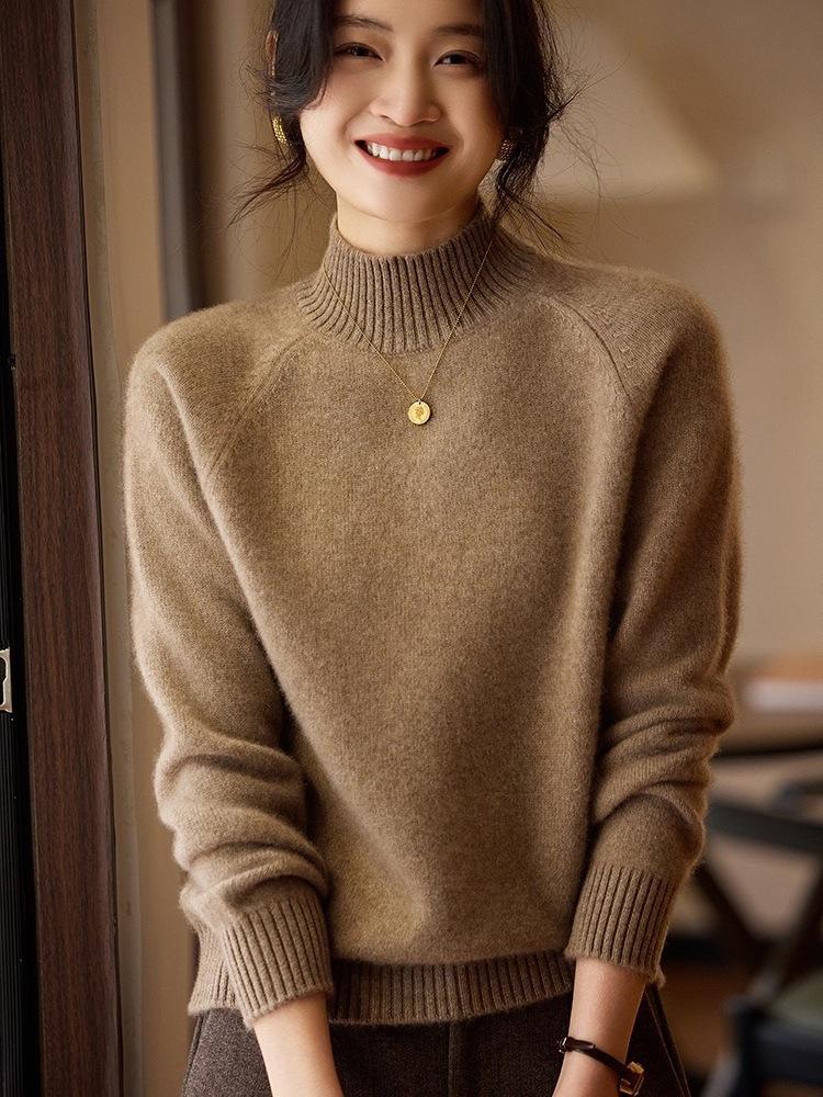 Women's Pure Wool Half-High Collar Sweater - Autumn/Winter 2025, Casual Loose Fit, Thickened Base Layer