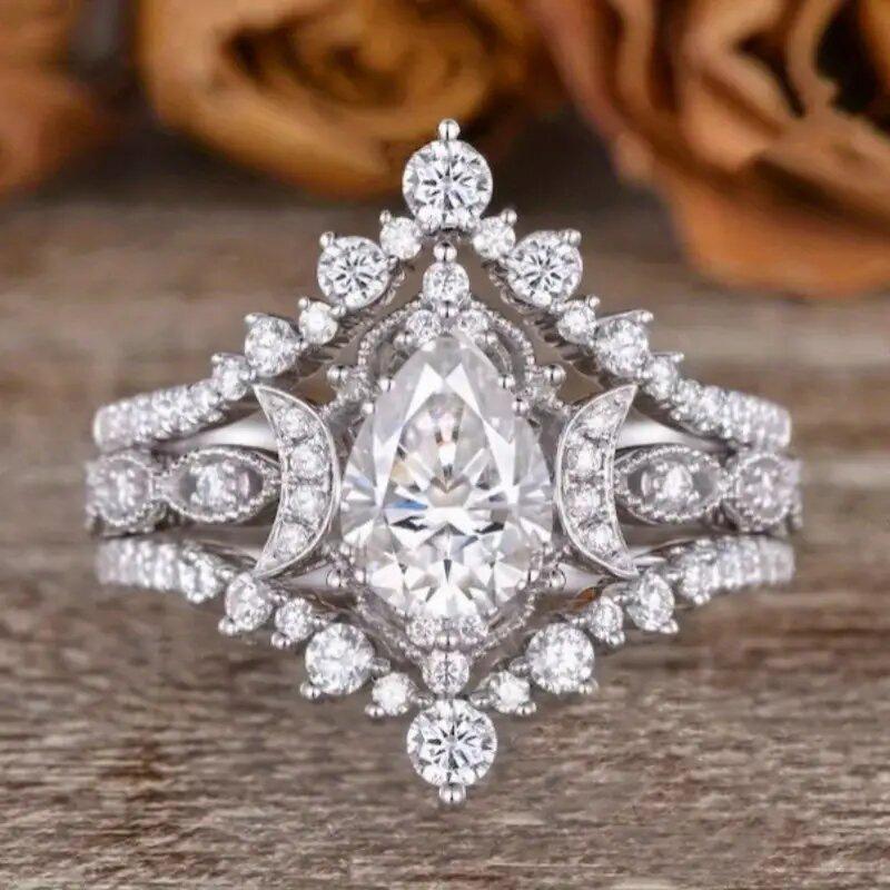 2026 New Geometric Water Drop Shining Wax Set Ring for Newlyweds, Proposal Ring, 3-Piece Set Zircon, Zircon, and Zircon 6