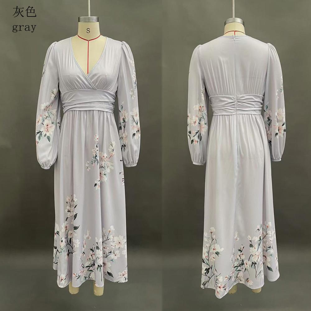 Europäische und amerikanische Damenbekleidung Digitaldruck Blume Langarm V-Ausschnitt Faltenkleid Damen langes Kleid