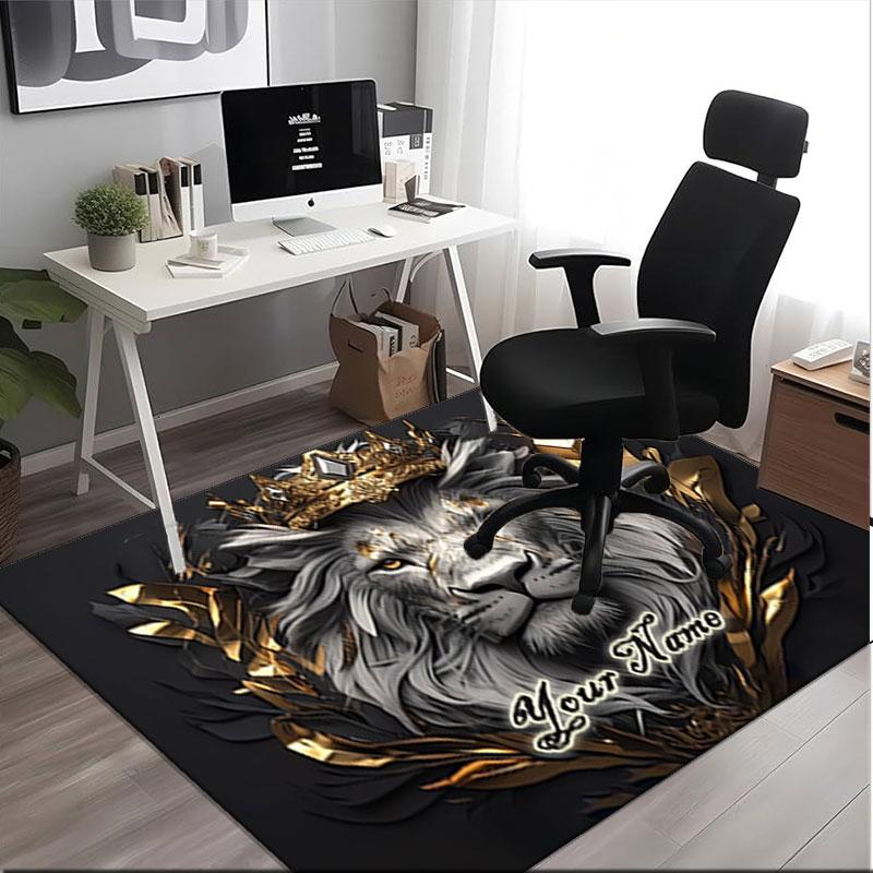 1PC Custom Name Lion Majesty Golden Crown Theme Floor Mat Ideal for Living Room, Game Rooms, Office, Bedroom,Floor Mat Playful Design