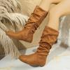 Side Zip Low Heel Mid-Tube Boots Stylish New Round Toe Scrub Fleece Soft Sole Non-Slip Pleated Stack Boots