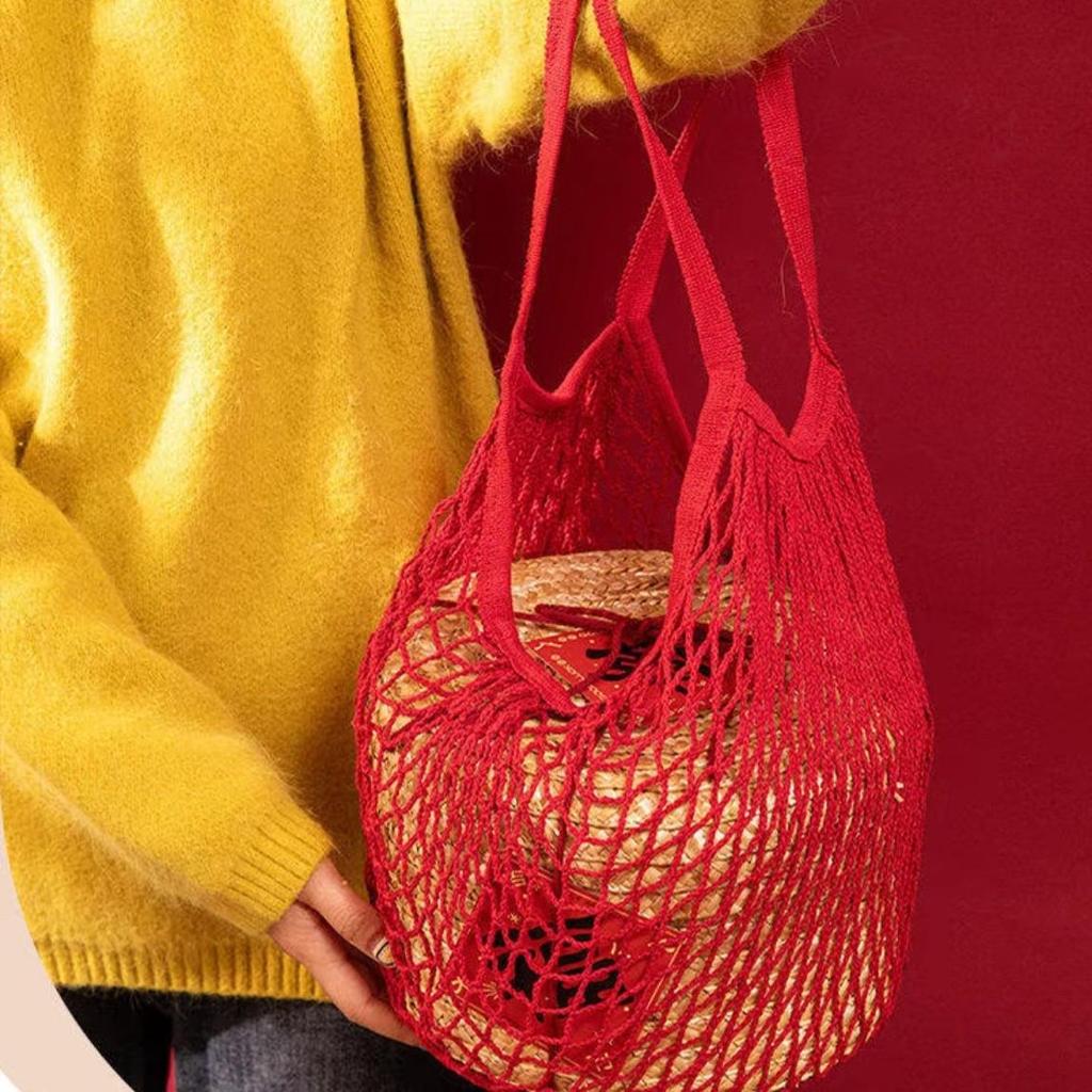 Beige Handheld Woven Mesh Shopping Bag - Polyester Cotton, Fruit Shoulder Tote