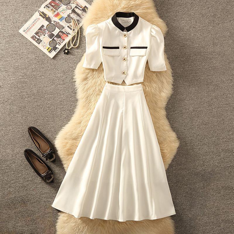 

Французская благородная леди Стойка воротник Короткий топ с завышенной талией Платье-свинг Комплект из двух предметов Ретро Доступная роскошь Костюм в стиле Хепберн Женский White([Two-piece set]]) S