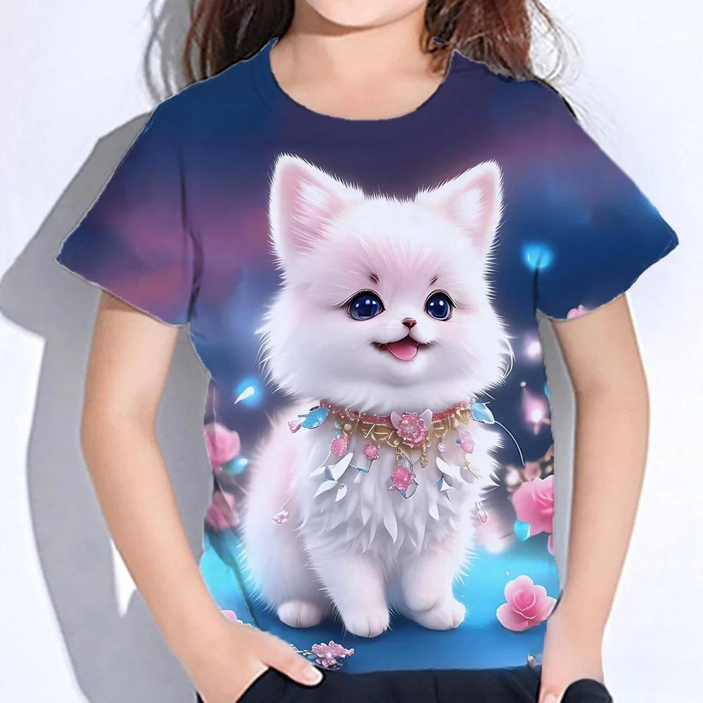 Summer Round Neck 3D Cat Printed Top Fashionable Casual Short Sleeved Children's Girl T-shirts