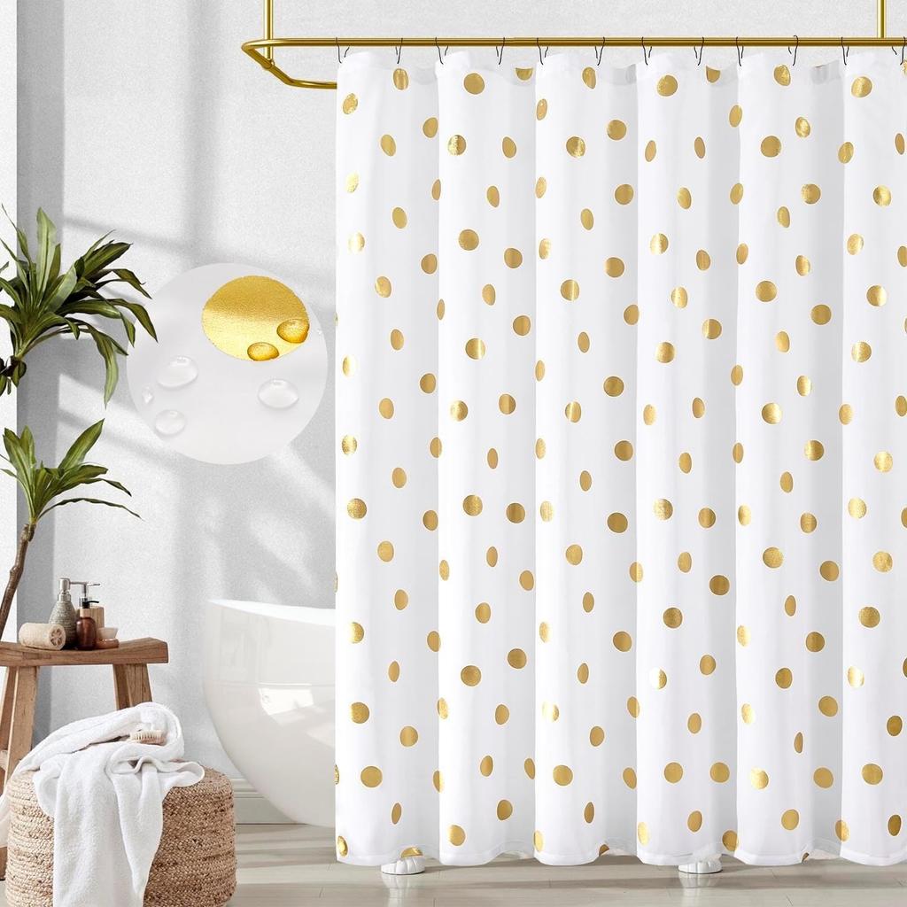 Polka Dot Shower Curtain - White & Gold, Golden Foil Dots, Machine Washable