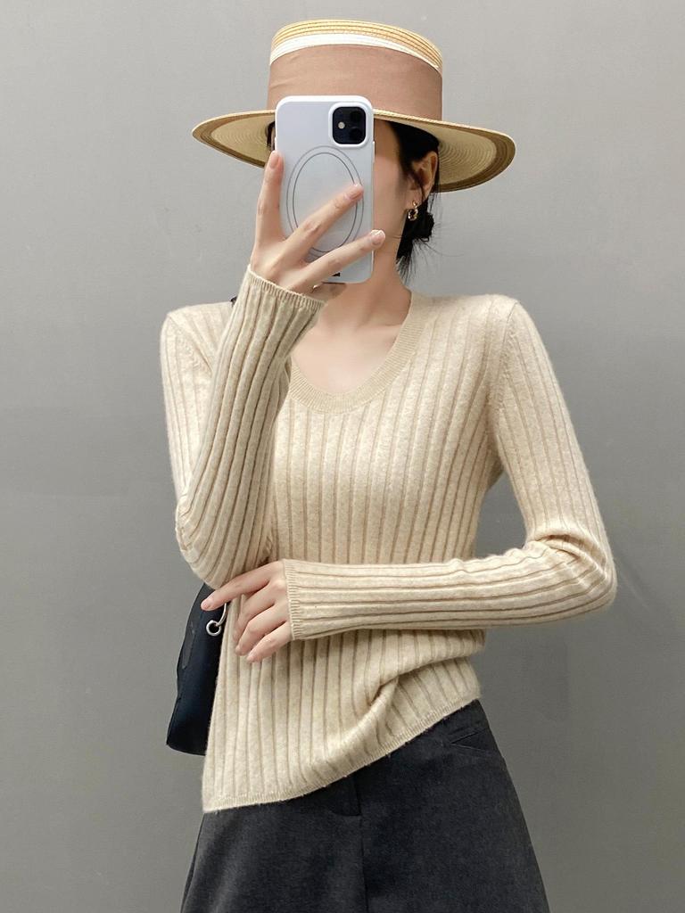 Autumn & Winter European Soft Cashmere U-neck Women's Sweater with Vertical Stripes