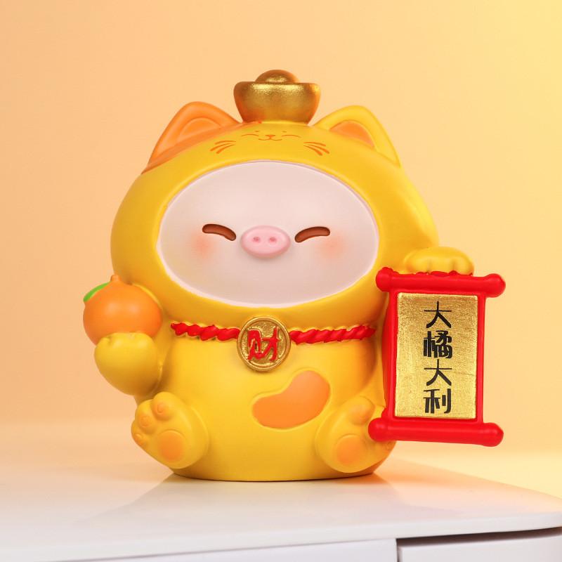 Cat Decor Resin Figurine With Wealth Symbols For Home Office Gift Ideas