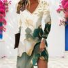 Women Plus Size V Neck Long Sleeve Blue Gold Printed A Line Dress