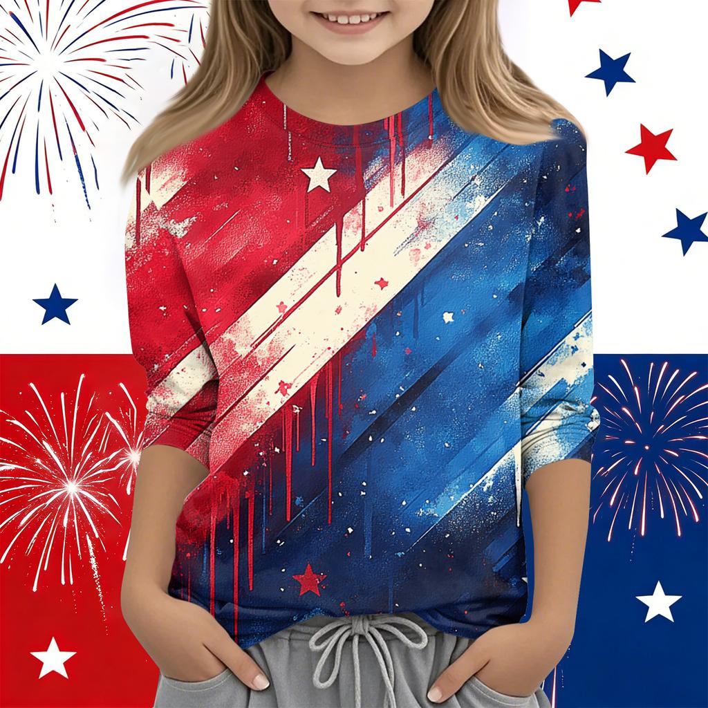 Print-Oberteile für junge Mädchen Rundhals 3/4-Ärmel T-Shirts Trendige Oberteile Outfit-T-Shirts Unabhängigkeitstag