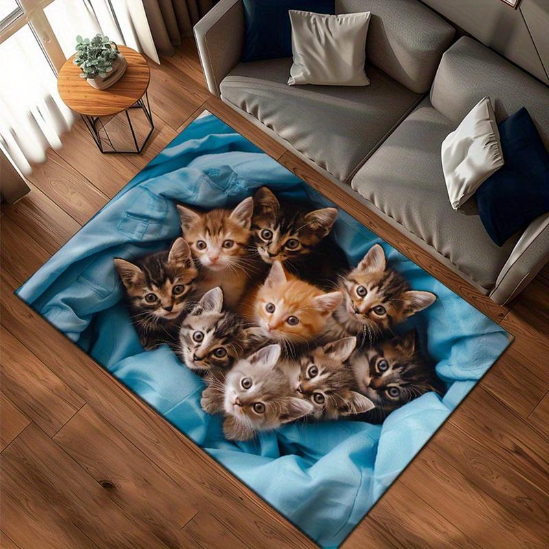 Kitten Print Polyester Rug, Non Slip Vibrant Design, Cute Bedroom Decor, Crystal Soft Living Room Mat, Cozy Floor Accent