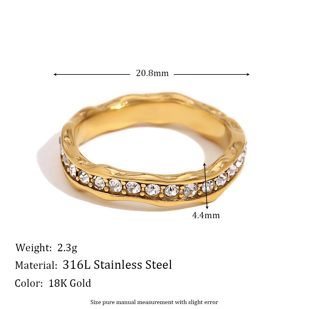 E.B.belle Rhinestone Eight Awn Star Wave Shape Ring  Stainless Steel 18k Gold Plated Exquisite Women Jewelry For Party Dating