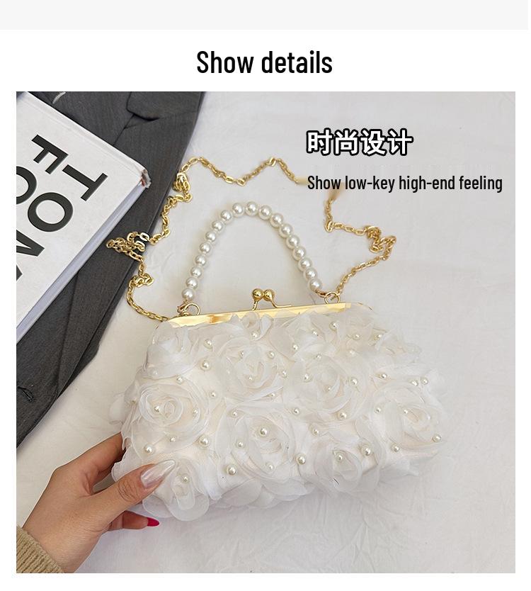 Women's Spring 2025 Pearl Evening Bag with Floral Design and Chain Strap