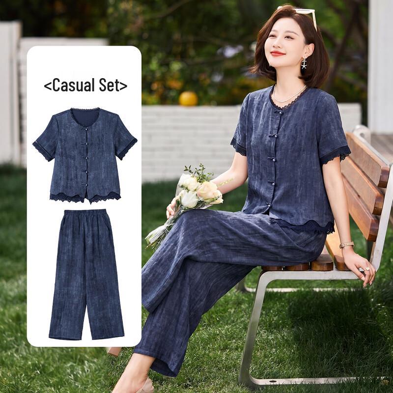 Women s New Chinese Style Summer T-shirt & Pants Set 5XL