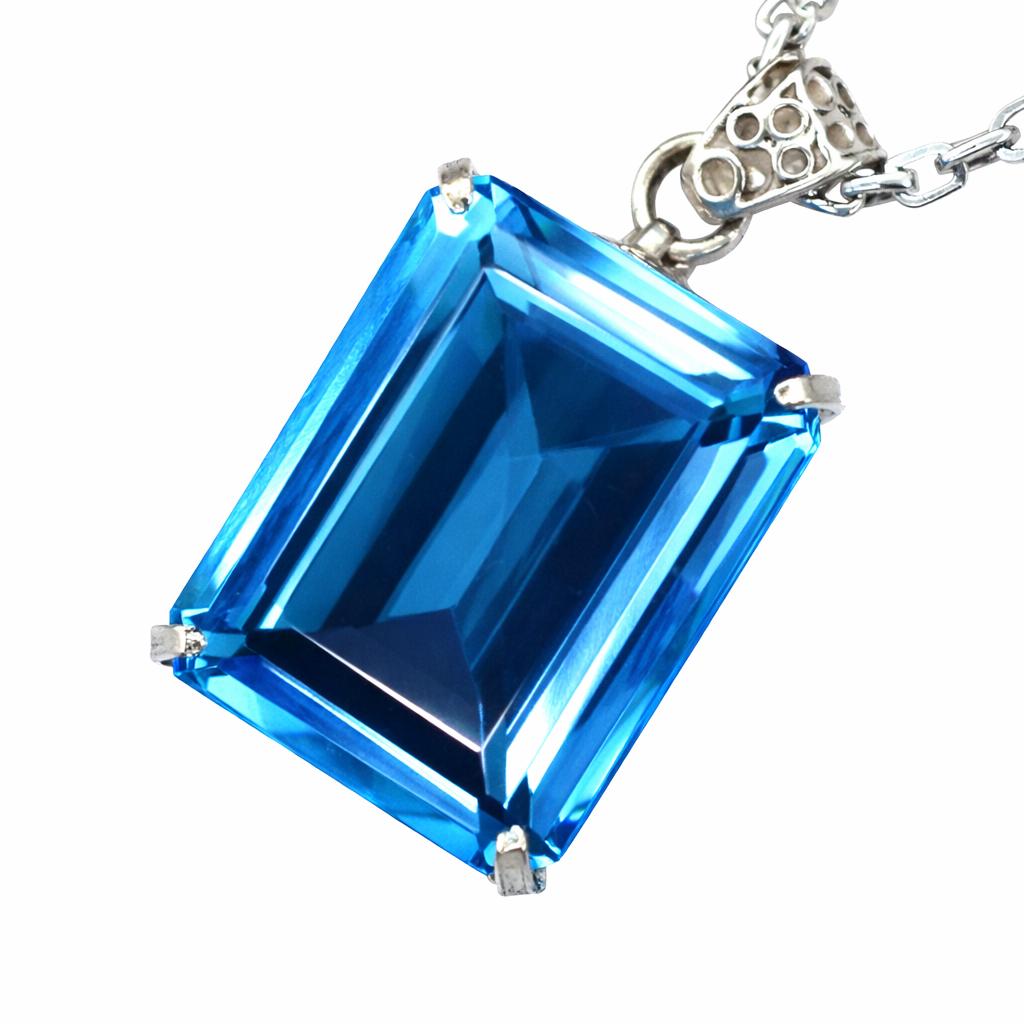 Natural Blue Topaz 91 Ct Emerald Cut 925 Sterling Silver Pendant