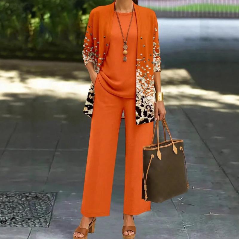 1-Piece Women's Set, Spot 1D Digital Printed Cardigan Jacket with Tank Top and Elegant Casual Pants