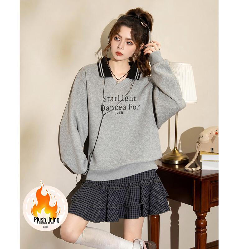 Women s Retro Color-block Fleece Polo Sweatshirt M