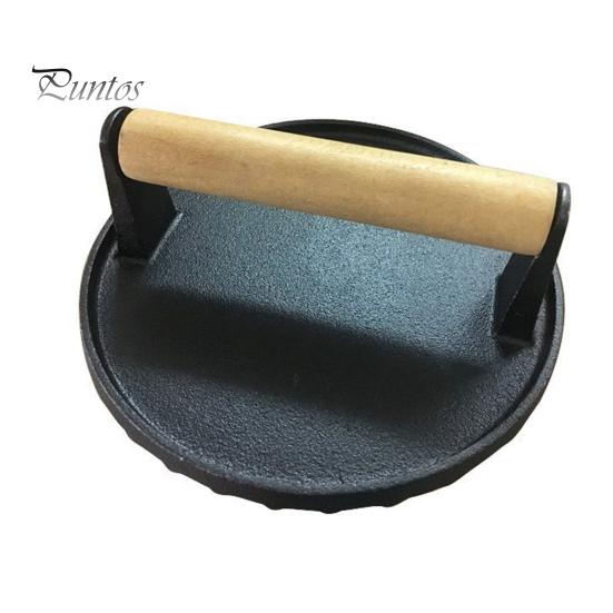 

Пищевой чугунный пресс для гамбургеров с деревянной ручкой, равномерная теплопередача, здоровая кулинария, эргономичный пресс для мяса Round