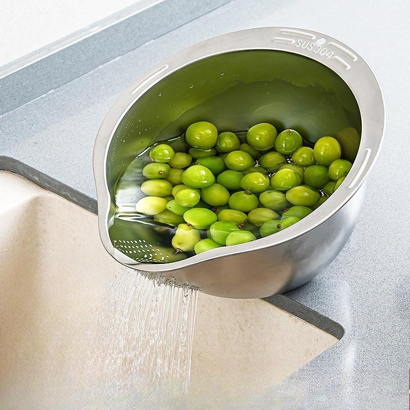 304 Stainless Steel Multi-functional Wire Stripper, Potato Scrubber, Wave-shaped Knife, Rice Washing Basin, Draining Basket