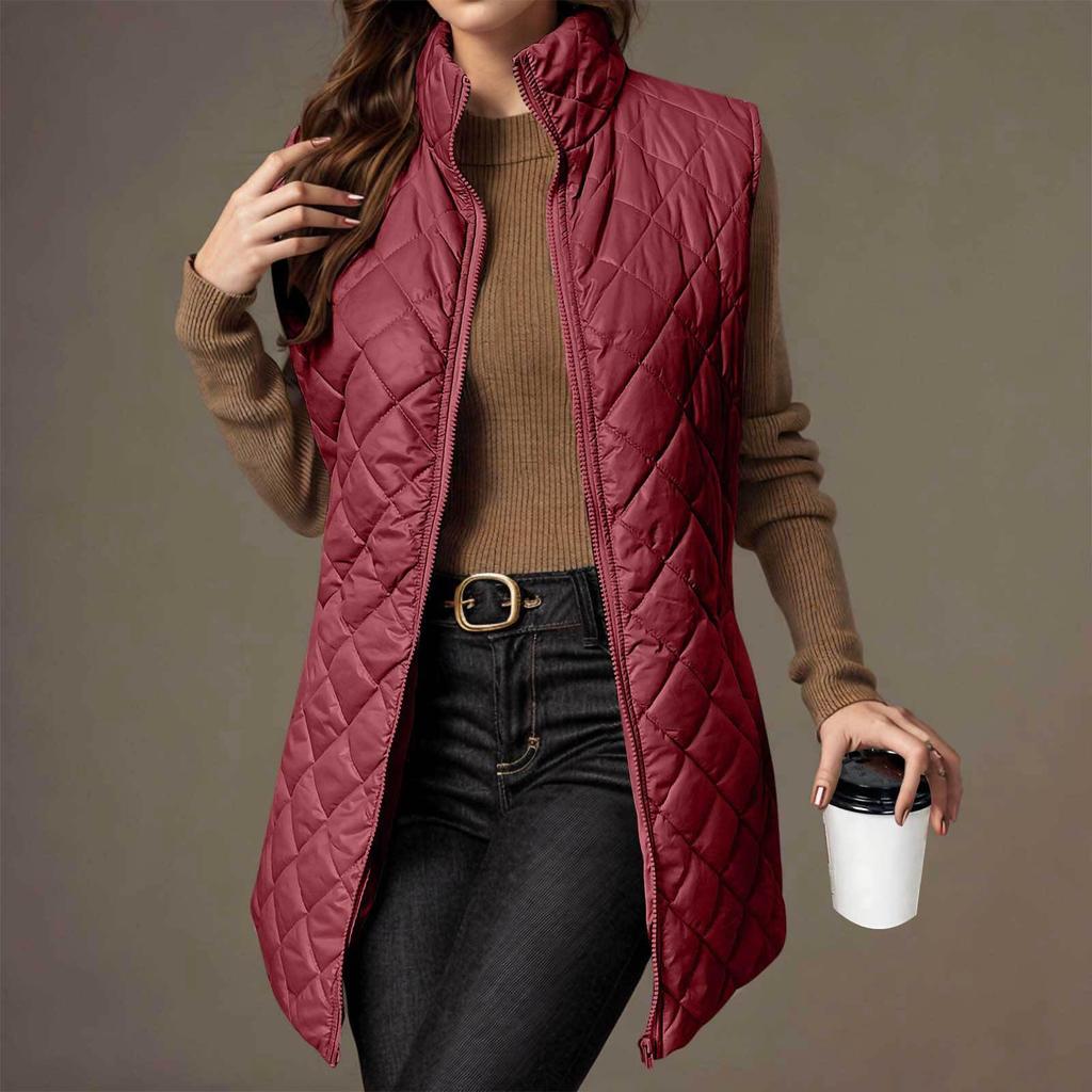 Dámská dlouhá trendy jednobarevná prošívaná bunda bez rukávů na zip, lehká, hřejivá, polstrovaná vesta, kabát, svrchní oděv